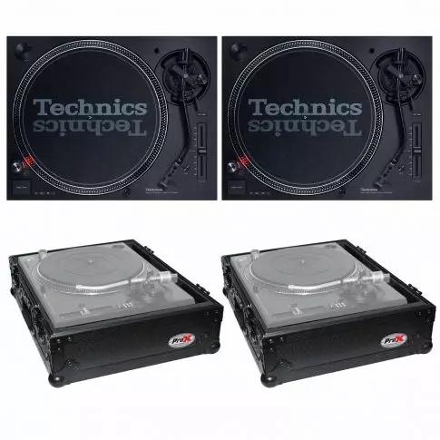 (2) Technics SL-1200MK7 Direct Drive Professional DJ Turntables with  Universal Black on Black Turntable Cases Package