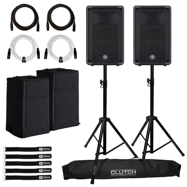 (2) Yamaha DBR10 10" 2-way Powered Loudspeakers with Clutch Heavy Duty Tripod Stands & Covers Package