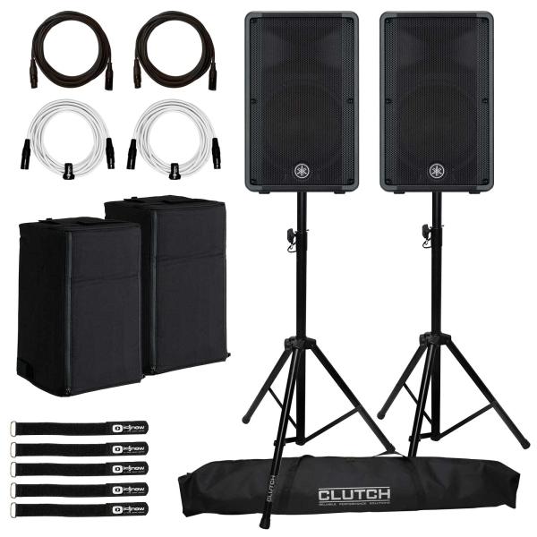(2) Yamaha DBR12 12" 2-way Powered Loudspeakers with Clutch Heavy Duty Tripod Stands & Covers Package