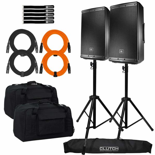 (2) JBL Professional EON612 12" Powered Speakers with Bags & Stands