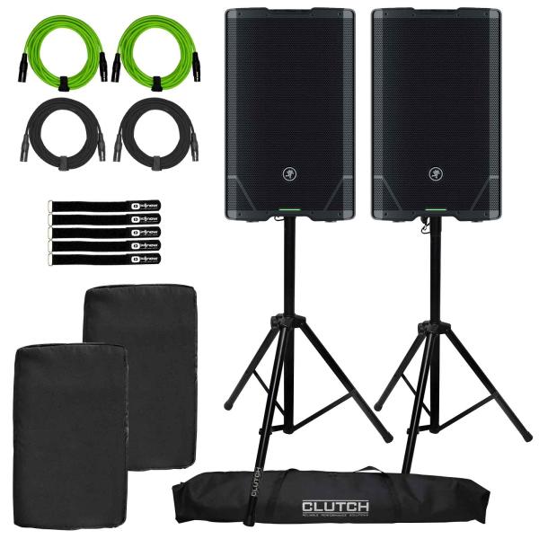 (2) Mackie SRT215 15" Powered Loudspeakers with Covers & Stands