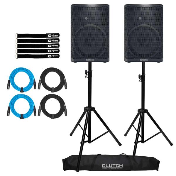 (2) QSC CP12 CP Series Compact 12" Powered Speakers with Tripod Stands