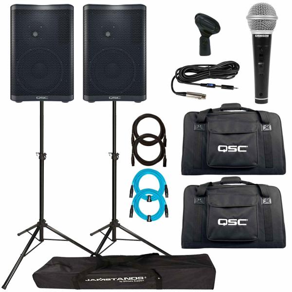 (2) QSC CP8 8" Powered Speakers with Vocal Microphone Package