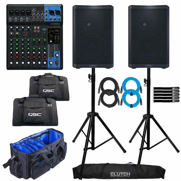 (2) QSC CP8 Powered Speakers with Yamaha MG10XU Stereo Mixer