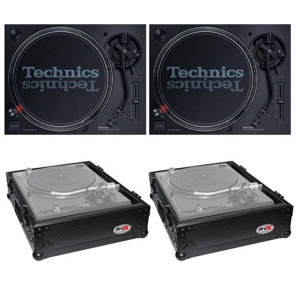 (2) Technics SL-1200MK7 Direct Drive Professional DJ Turntables with Universal Black on Black Turntable Cases Package