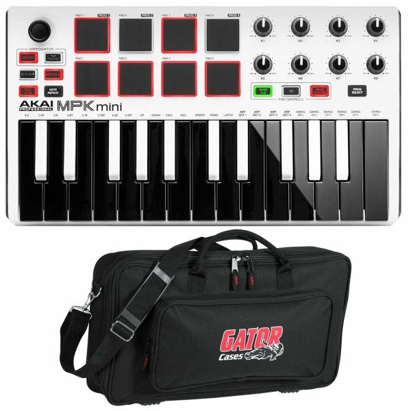 Akai Professional MPK Mini mkII Compact Keyboard Controller in White with Gator Cases Lightweight Bag Package