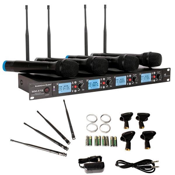 American DJ WM-419 4-channel Wireless UHF Handheld Microphone System with Intelligent Frequency Autoscan with IR synchronization