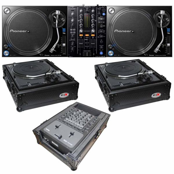 2) Pioneer PLX-1000 Turntables with DJM-450 & Black Cases