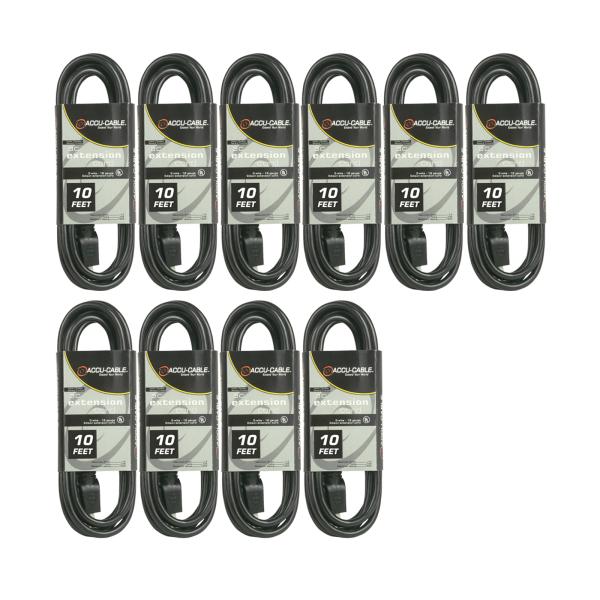 (10) American DJ EC-163-10 Black 10FT 16 Gauge AC Extension Cords