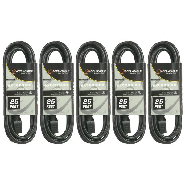(5) American Audio EC-163-25 Black 25FT 16 Gauge AC Extension Cords