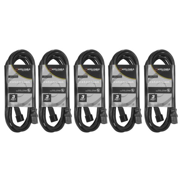5 Pack ECCOM-3 3FT AC Extension Cords