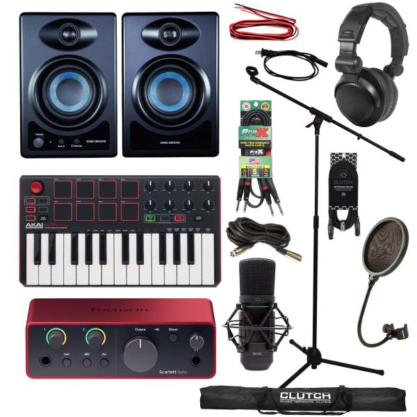 Home Recording Bundle w Speakers, Focusrite Solo 4th Gen, Akai MPK Mini MKII