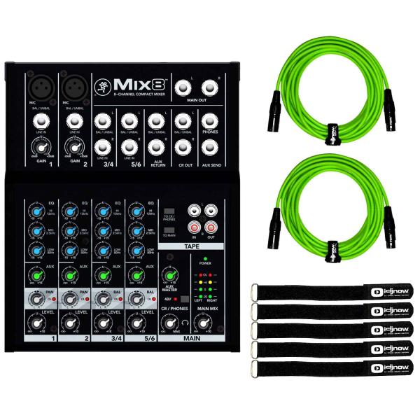 Mackie Mix8 8-Channel Compact Mixer with 10FT Green Sure-Fit XLR Cables Package