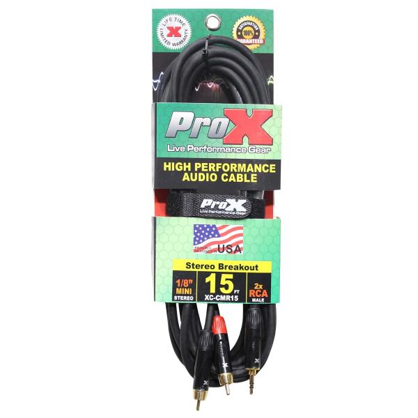ProX XC-CMR15 15 FT Unbalanced 1/8" TRS-M to Dual RCA-M Audio Cable