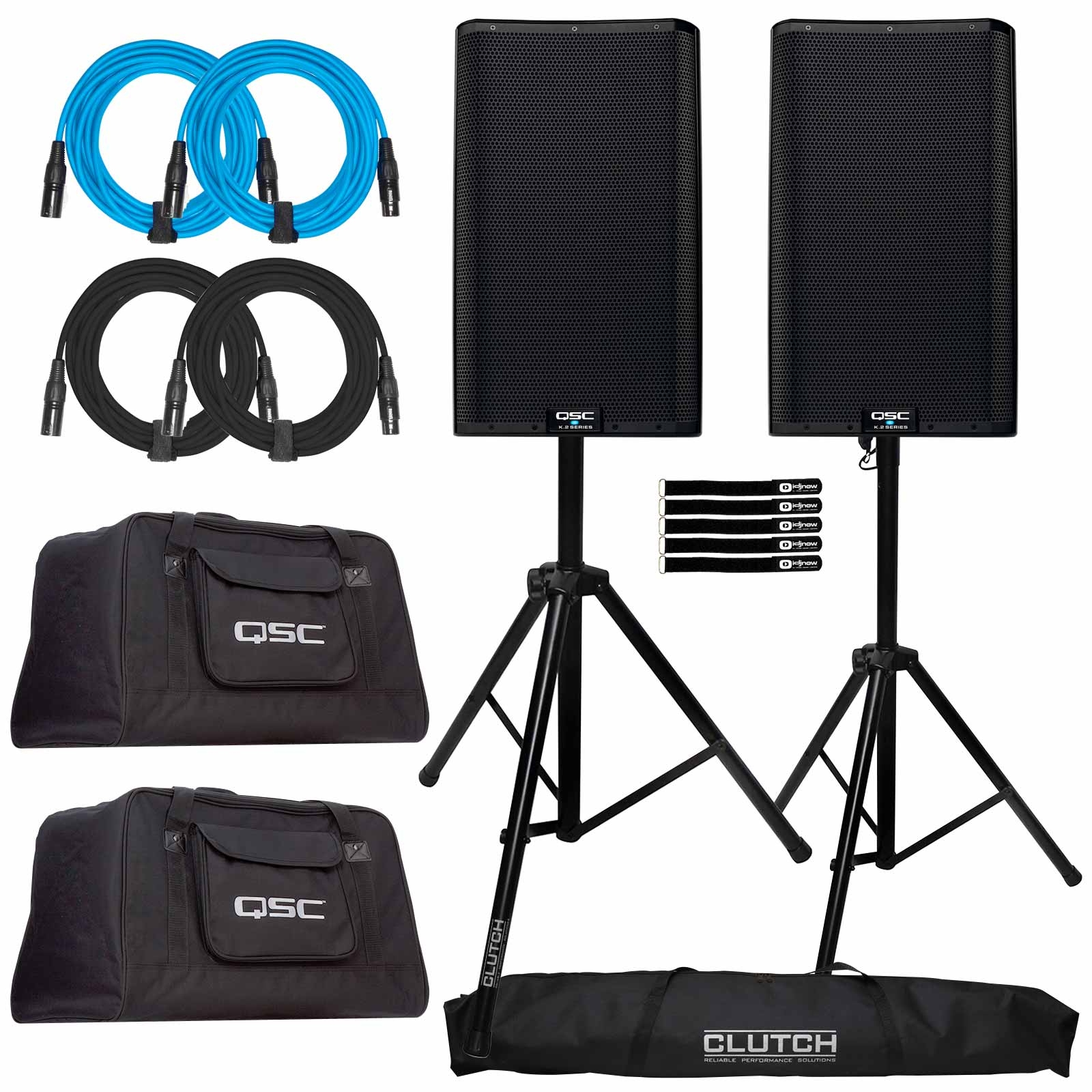2) QSC K12.2 K2 Speakers with Tote Bags & Stands | IDJNOW