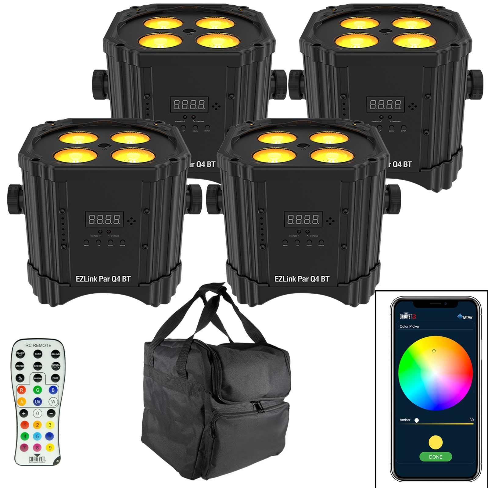4) Chauvet DJ EZ Link Par Q4 BT Pars with Remote & Bag
