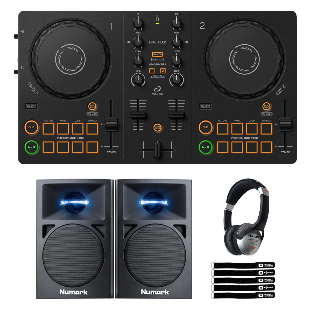 AlphaTheta DDJ-FLX2 Controller with Monitors & Headphones