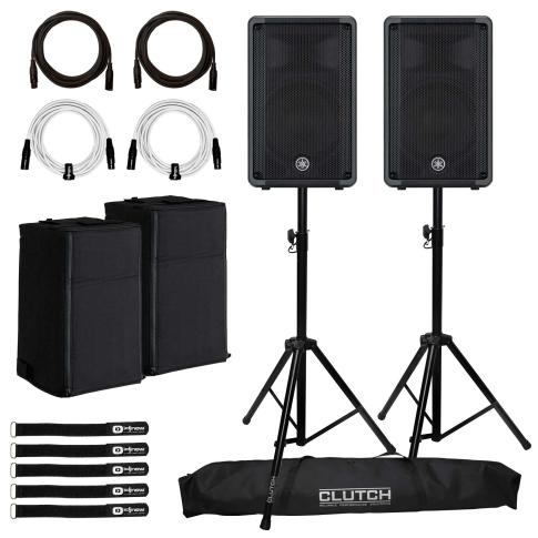 (2) Yamaha DBR10 10" 2-way Powered Loudspeakers with Clutch Heavy Duty Tripod Stands & Covers Package