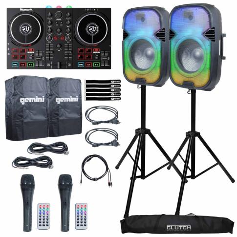 2x Gemini PartyBox Rave15 Speakers with Numark Party Mix II Controller