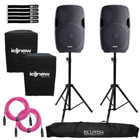 (2) Gemini AS-1200P 12" Active Speakers with Stands & Pink Cables