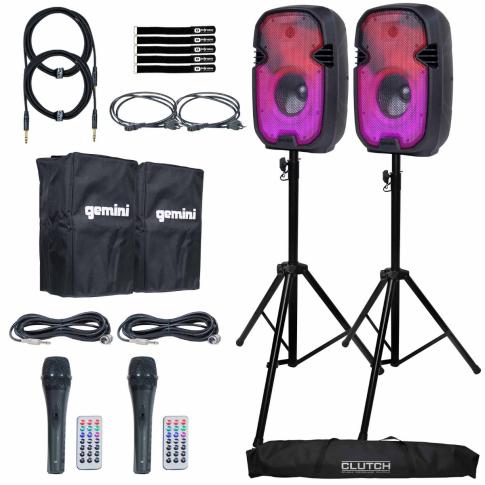 (2) Gemini PartyBox Rave8 8" Powered Speakers with Tripod Stands
