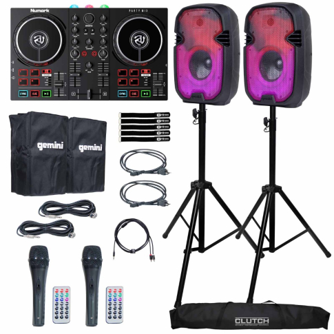 (2) Gemini PartyBox Rave8 Speakers with Numark Party Mix II Controller
