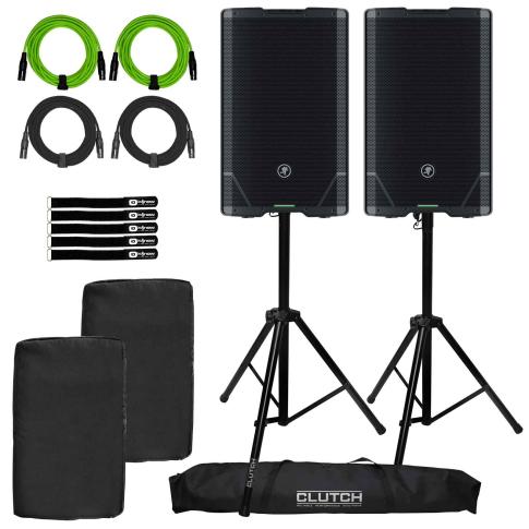 (2) Mackie SRT215 15" Powered Loudspeakers with Covers & Stands