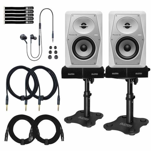 (2) Pioneer DJ VM-50-W 5" White Monitors with Desk Stands & Earphones