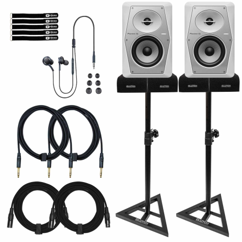 (2) Pioneer DJ VM-50-W 5" White Monitors with Stands & Earphones