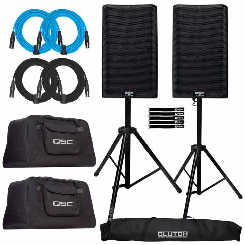 (2) QSC K12.2 K2 Series Two-Way Powered Speakers with Totes & Stands