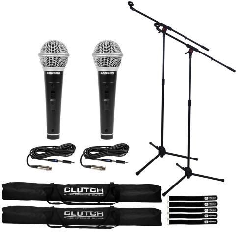 (2) Samson M10 Handheld Dynamic Vocal Microphones with Microphone Boom Stands Package