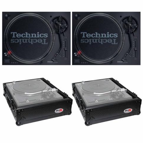 (2) Technics SL-1200MK7 Direct Drive Professional DJ Turntables with Universal Black on Black Turntable Cases Package