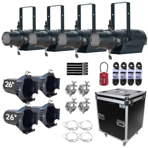(4) ADJ Encore Profile Pro WW LED Ellipsoidal Lights with 26° Lens Tubes Package