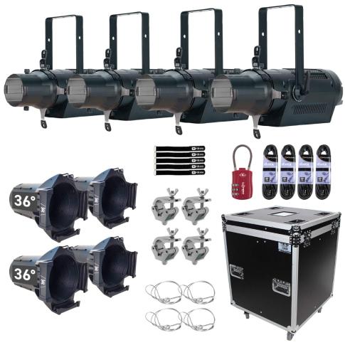 (4) ADJ Encore Profile Pro WW LED Ellipsoidal Lights with 36° Lens Tubes Package