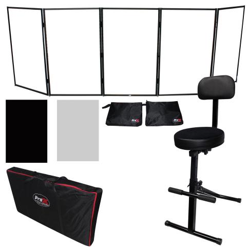 (5) ProX XF-5X3048B Black Aluminum Panel Scrim Facade Frontboards with Portable DJ Chair Package