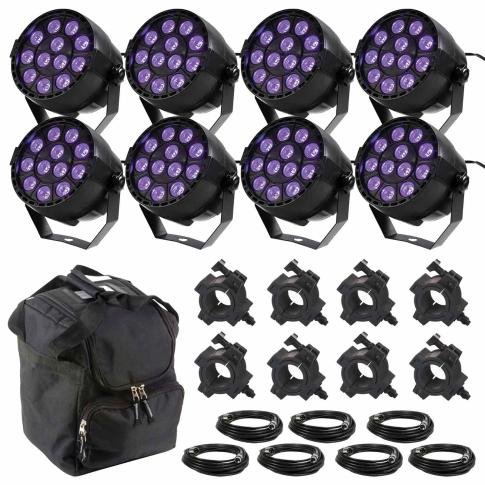 (8) Eliminator Mini Par UV LED 12x 1 Watt UV LED Par Lights with Protective Lighting / Utility Case Package