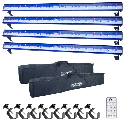 ADJ ECO UV Bar Plus IR Blacklight Fixture 4 Pack w Bags + Clamps