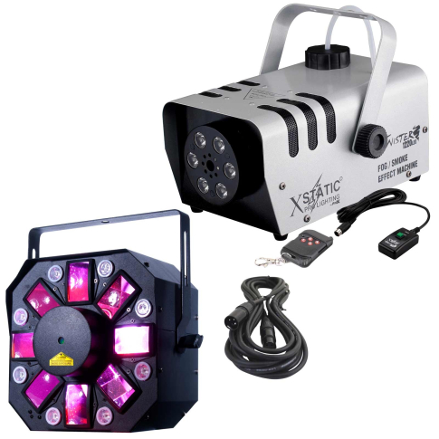 ADJ Stinger II 3-FX-IN-1 Moonflower, Laser, & UV Effect Light with Xstatic X-T1220 LED Twister Fog Machine Package