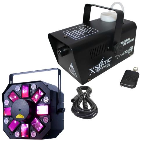 ADJ Stinger II 3-FX-IN-1 Moonflower, Laser, & UV Effect Light with Xstatic X-T770 Twister Fog Machine & Remote Package