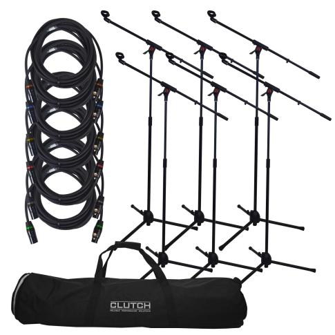 Clutch Microphone Stand Package with Six Boom Stands, Cables and Carry bag