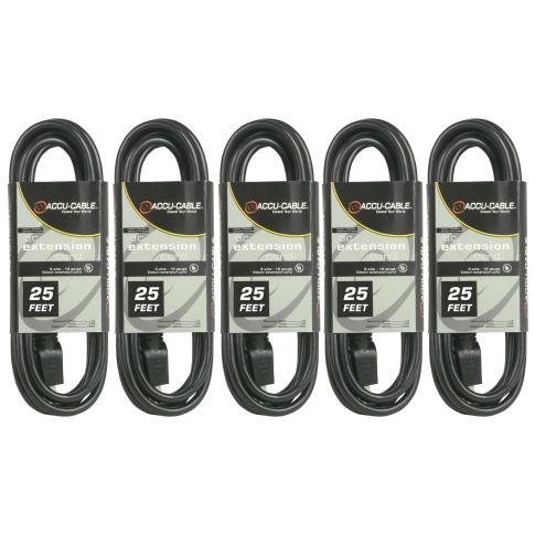 (5) American Audio EC-163-25 Black 25FT 16 Gauge AC Extension Cords