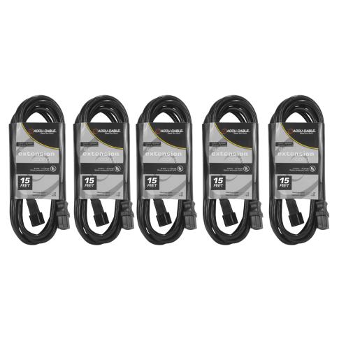 5 Pack ECCOM-15 15FT AC Extension Cords