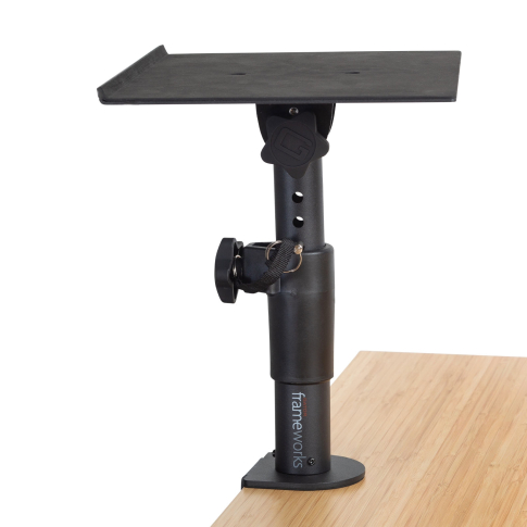 Gator Frameworks GFWSPKSTMNDSKCMP Adjustable Clamp-On Monitor Stands In Use 1