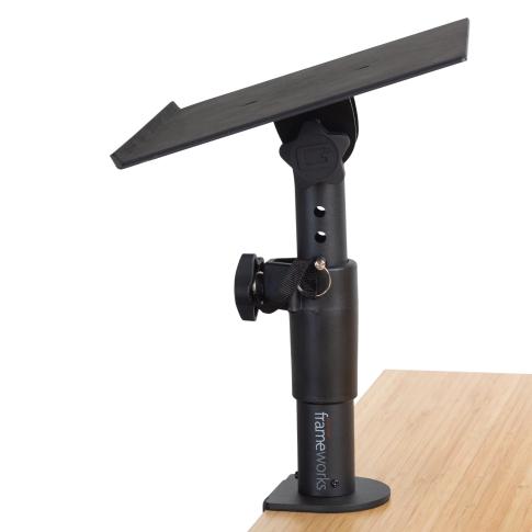 Gator Frameworks GFWSPKSTMNDSKCMP Adjustable Clamp-On Monitor Stands In Use 2