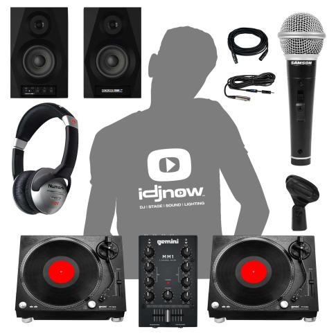 Gemini TT-1200 Belt Drive Turntable Pack W/ MM1 2-CH DJ Mixer + Speakers +Mic
