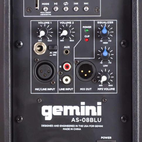 Gemini AS-08BLU Active Speaker with 8” Woofer & Built-in USB/SD/Bluetooth MP3 Player I/O panel