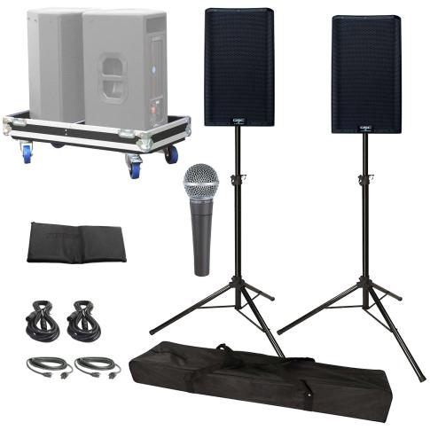 QSC K12.2 K2 Series 12" Two-Way 2000W Active Speakers with Stands, Microphone, and Carry Case Package