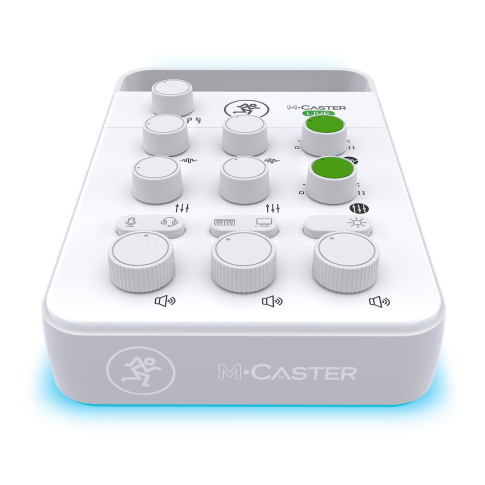 Mackie M•Caster Live Portable Live Streaming Mixer in White Front Angle Blue