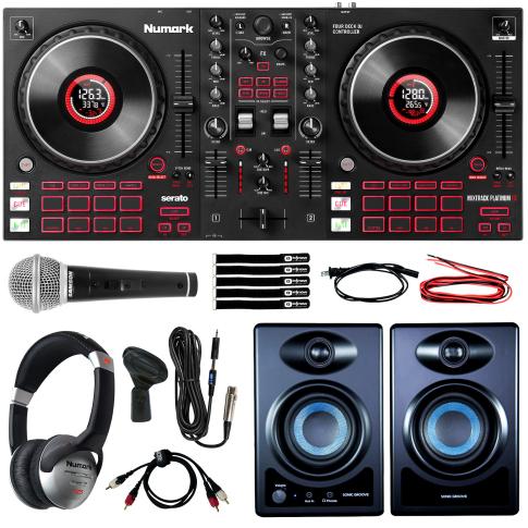 Numark Mixtrack Platinum FX 4-Deck Serato DJ Controller w Monitors Starter Pack