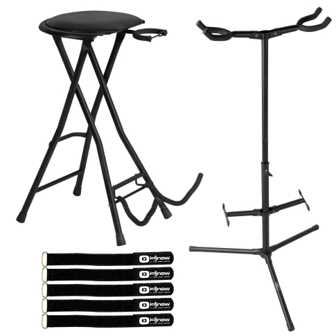 On-Stage Stands DT7500 All-in-one Guitarist Stool with Ultimate Support A-Frame Double Guitar Stand Package